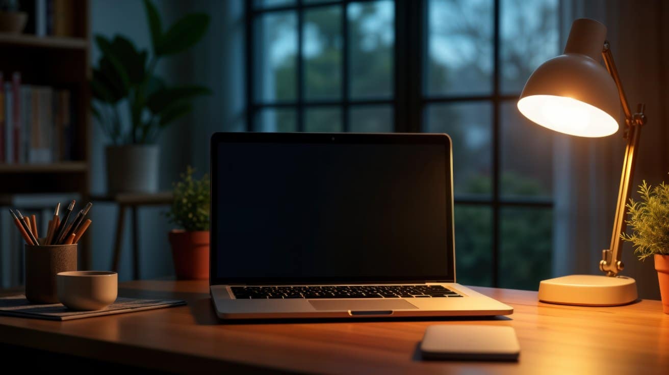 Aufgeräumter Schreibtisch mit Laptop im warmen Abendlicht als Symbol für barrierefreies Webdesign