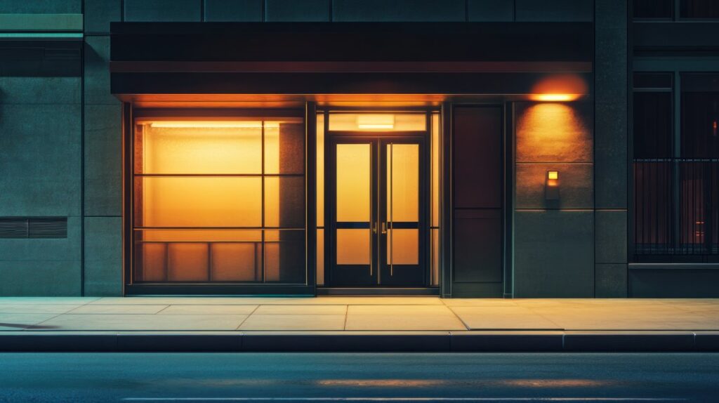 Beleuchtetes Ladengeschäft mit warm erleuchtetem Schaufenster bei Nacht