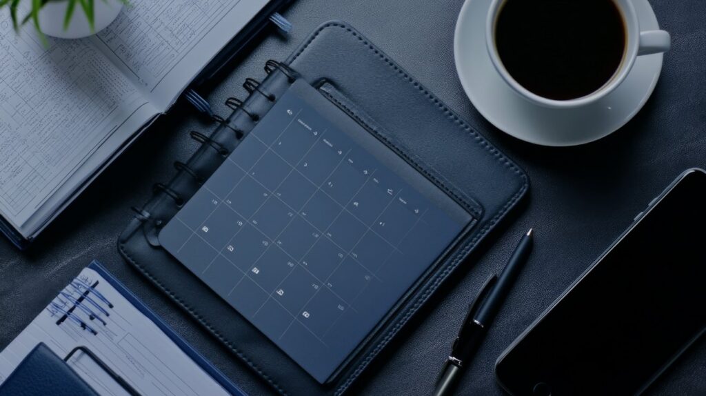 Dunkler Schreibtisch mit Kalender, Notizbuch, Stift und Kaffeetasse als Sinnbild für die Zeitplanung eines Website-Projekts