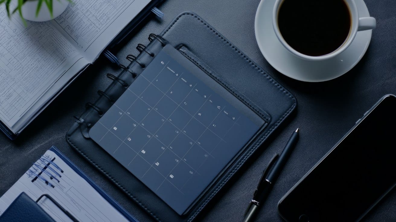 Dunkler Schreibtisch mit Kalender, Notizbuch, Stift und Kaffeetasse als Sinnbild für die Zeitplanung eines Website-Projekts