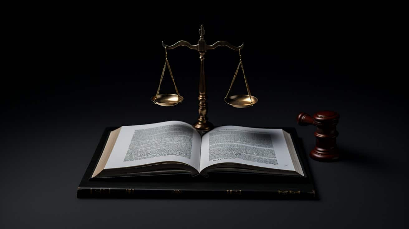 Aufgeschlagenes Gesetzbuch mit Waage und Richterhammer auf dunklem Untergrund