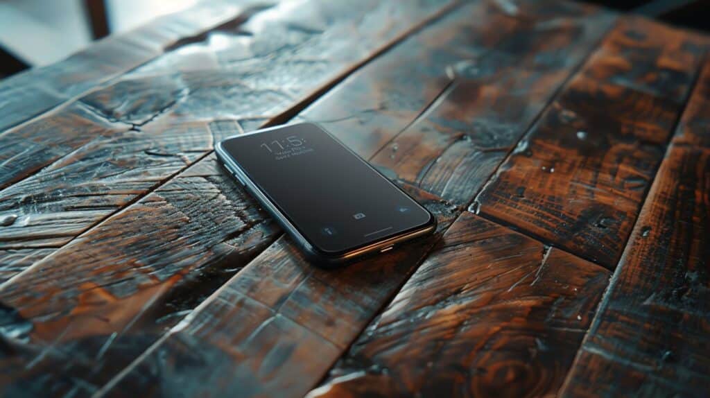 Schwarzes Smartphone mit dunklem Display auf einem rustikalen Holztisch als Sinnbild für Mobile First im Webdesign
