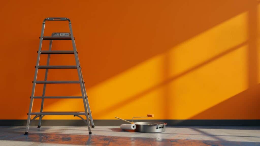 Trittleiter und Farbrolle vor einer frisch orange gestrichenen Wand als Sinnbild für einen Website-Relaunch